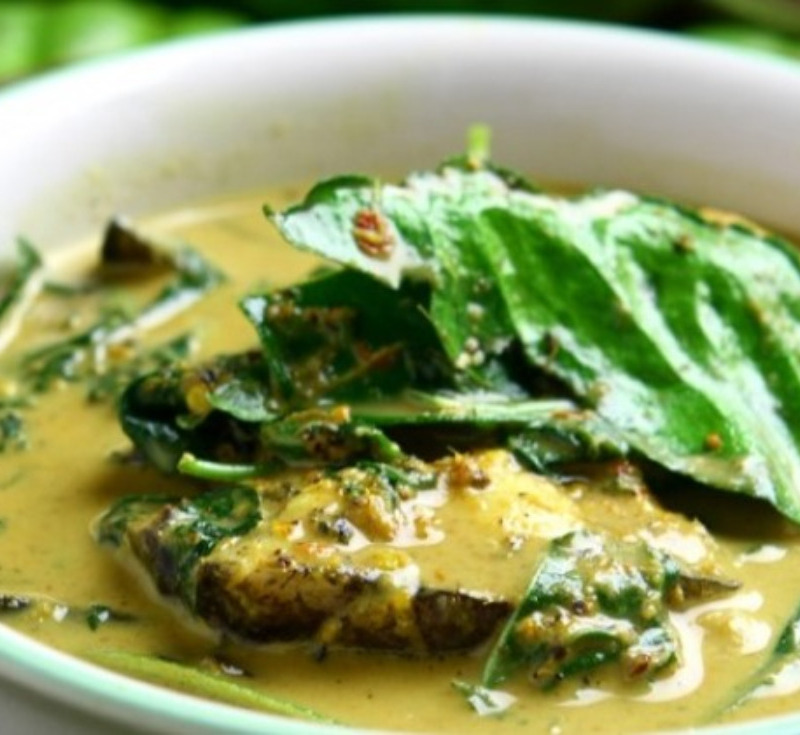 Gaeng Kati Plaa-Kod Bai-Yeela (Skinned Catfish and Cumin Leaves in Coconut Milk Curry)